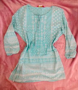 Blue Printed Tassel Neck Kurta