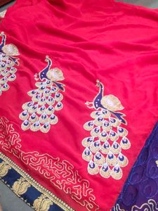Unused Red Embroidered Saree With Attached Blouse