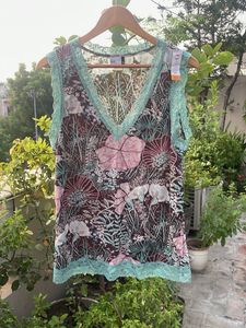 Sheer Floral Lace Trim V-Neck Top