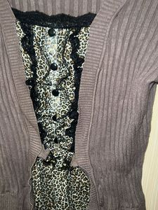 Cute Brown Cardigan with Leopard Print Top