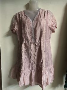 Elegant Pink Lace Trimmed Midi Dress
