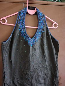 Black Kurta Set with Blue Embroidery