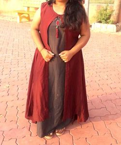 Stylish Maroon long gown. bust 44in.