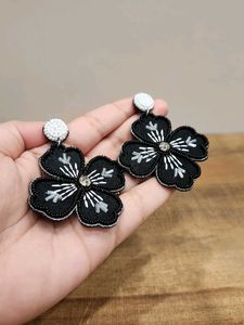 Black Floral Beaded Statement Earrings