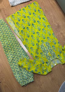 Vibrant Yellow Kurta Set with Blue Floral Print