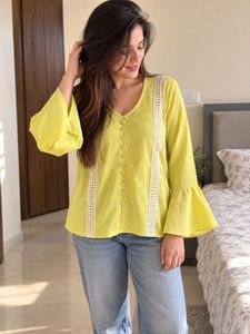 Chic Yellow Bell Sleeve Top with Lace Detail
