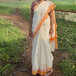 Elegant Kerala Saree with Orange Border
