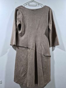 Taupe Suede-like Midi Dress with Zippers polyester