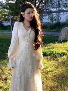 korean fur White Lace Detail Long Dress