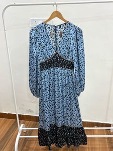 Ditsy Floral Pastel Blue-Black Print Midi Dress