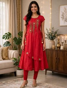 Vibrant Red Embellished Kurta