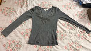 Grey Ribbed Long Sleeve Top