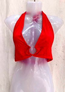 Red Halter Neck Crop Top with Ring Detail