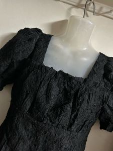 Black Textured Square Neck Mini Dress