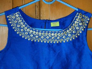 Elegant Blue Embroidered Sleeveless Blouse