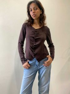 Brown Ruched Button-Up Top