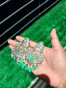 Exquisite Green &amp; Silver Jhumka Earrings