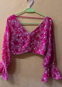 Vibrant Pink Floral Blouse & ready made saree