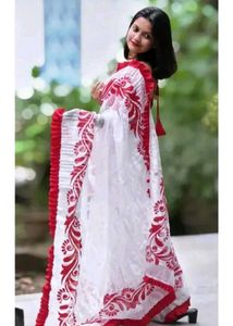 Lase border White &amp; Red Saree