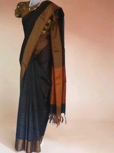 NewHandwoven SilkPlaidFabricSaree-Black&amp;Mustard-E
