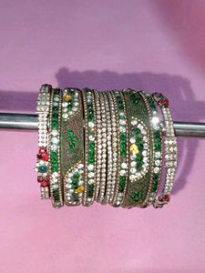 Elegant Green &amp; Crystal Bangles Set