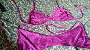 Satin Lace Lingerie Set - Vibrant Pink