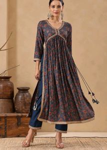 Blue Floral Printed Pure Cotton Naira Cut Suit