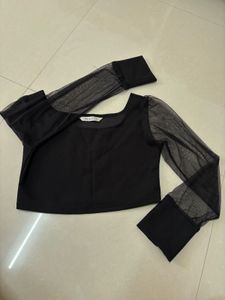 Sheer Sleeve Black Crop Top Or Blouse