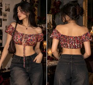 53209. Boho Floral Off-Shoulder Crop Top