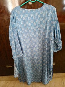Blue Printed Kurta with Embellished Neckline