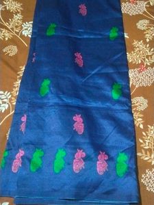 Elegant Blue Saree with Pink &amp; Green Motifs