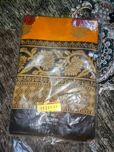 Orange &amp; Black Floral Print Saree