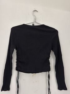 Black Ribbed Ruched Long Sleeve Top