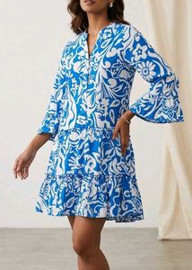 Boho Blue & White Ruffle Dress