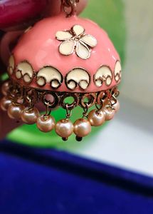 Elegant Coral Jhumka Earrings with Pearl Dangles
