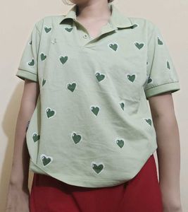 Cute Heart Print Polo Shirt size L
