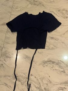 Navy Ribbed Tie-Front Crop Top