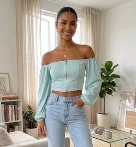 PEOPLE Light Blue Off-Shoulder Long Sleeve Top