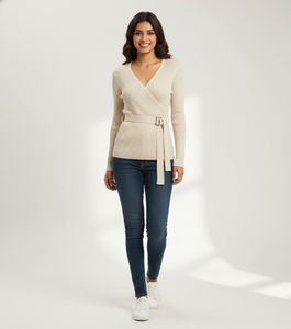 Ribbed Wrap-Style Long Sleeve Top