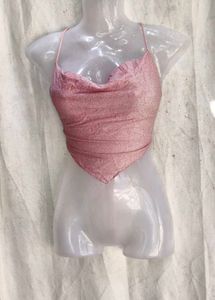I. Sparkly Pink Cowl Neck Halter Top
