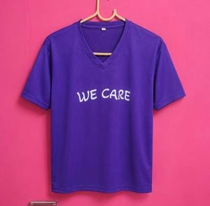 Purple "WE CARE" V-Neck T-Shirt