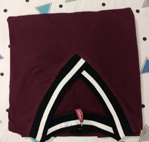 Maroon V-Neck Striped Trim Top
