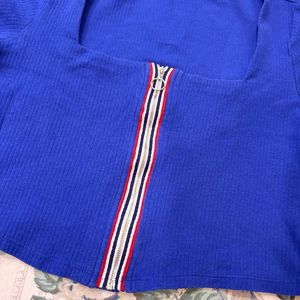 Blue Ribbed Zip Front Cropped Top