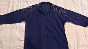 Women’s Navy Blue Embellished Shoulder Top
