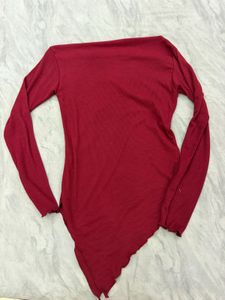 Chic Red Asymmetrical Long Sleeve Top