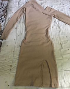 Chic Beige Long Sleeve Midi Dress