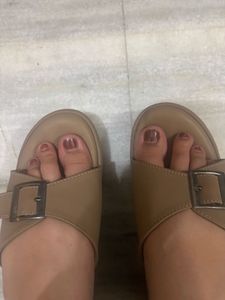 Women's Beige Buckle Slides