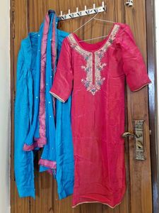 Beautiful Pink Embroidered Kurta with Blue Dupatta