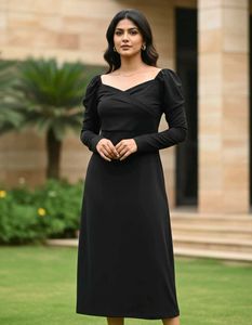 Elegant Black Puff Sleeve Midi Dress never used