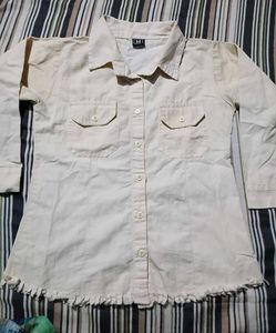 Cream Button-Up Shirt with Ruffle Hem